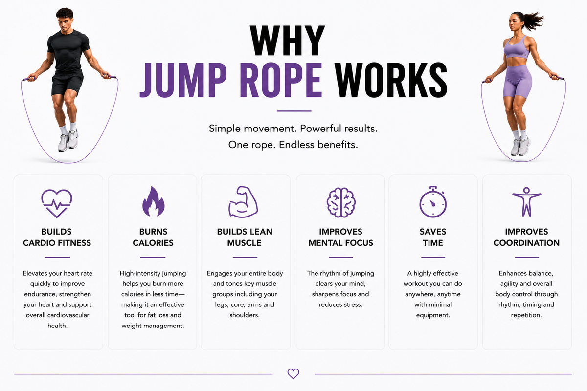 Jump rope benefits infographic showing cardio fitness, calorie burn, lean muscle, mental focus, time efficiency and coordination.