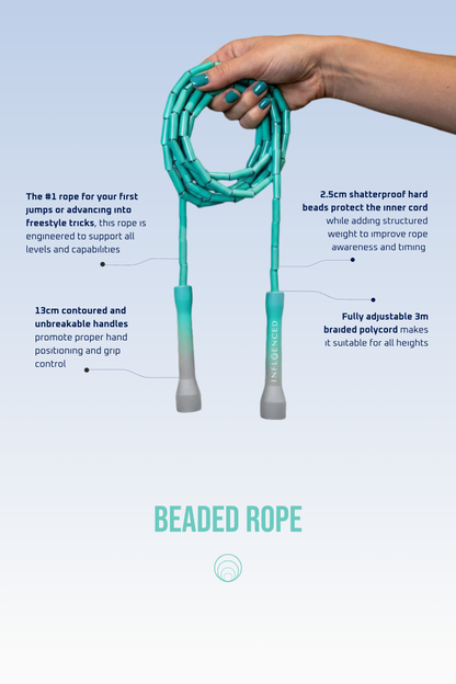 Cool Mint beaded jump rope by Infloenced showing key features, construction and adjustable sizing