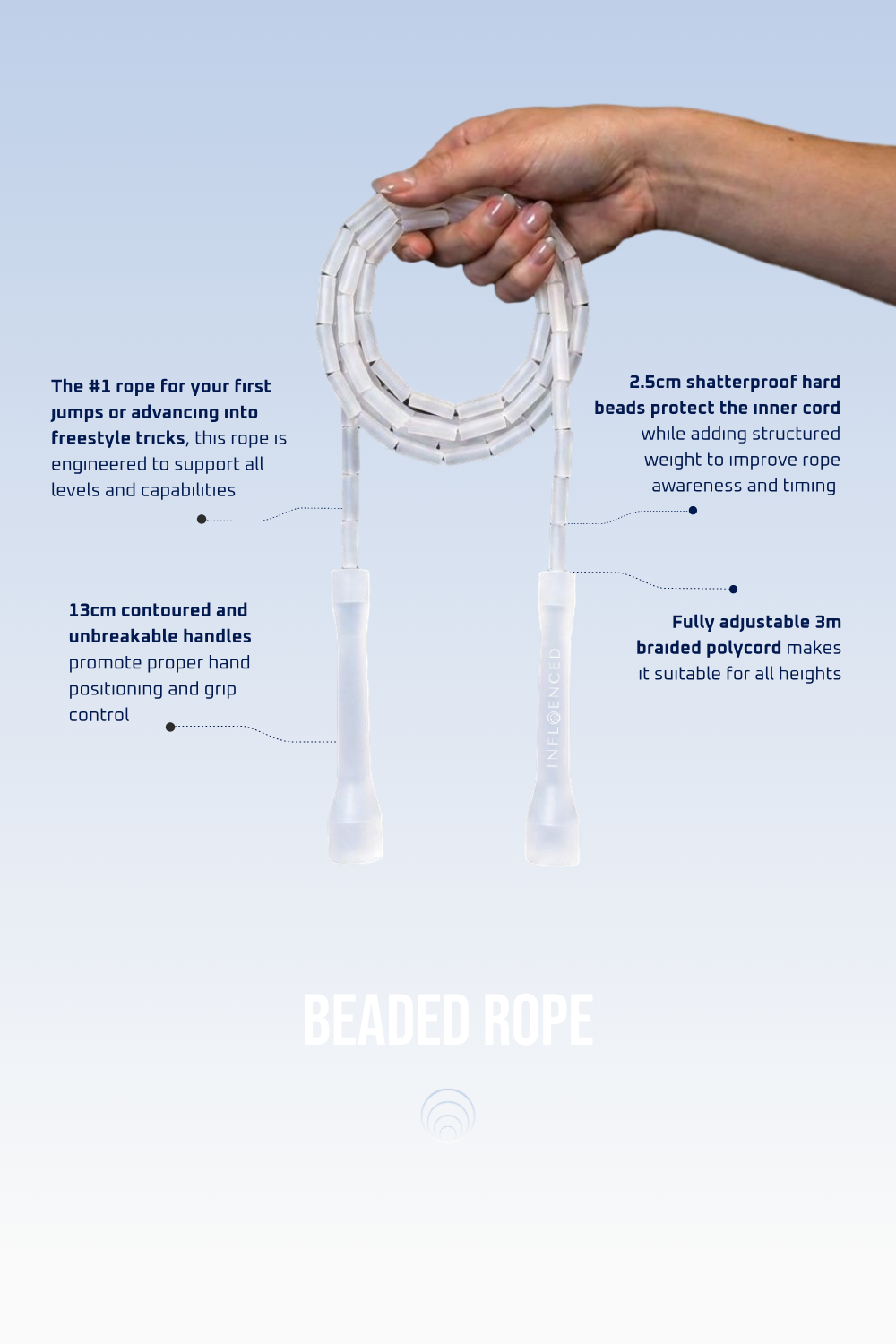 Arctic Ice beaded jump rope by Infloenced showing key features, construction and adjustable sizing