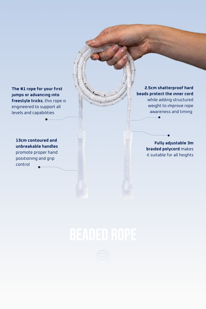Arctic Ice beaded jump rope by Infloenced showing key features, construction and adjustable sizing