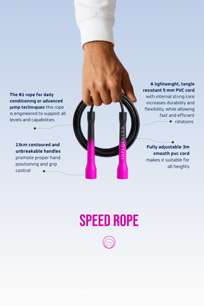 Raspberry Cola PVC jump rope by Infloenced showing key features, construction and adjustable sizing